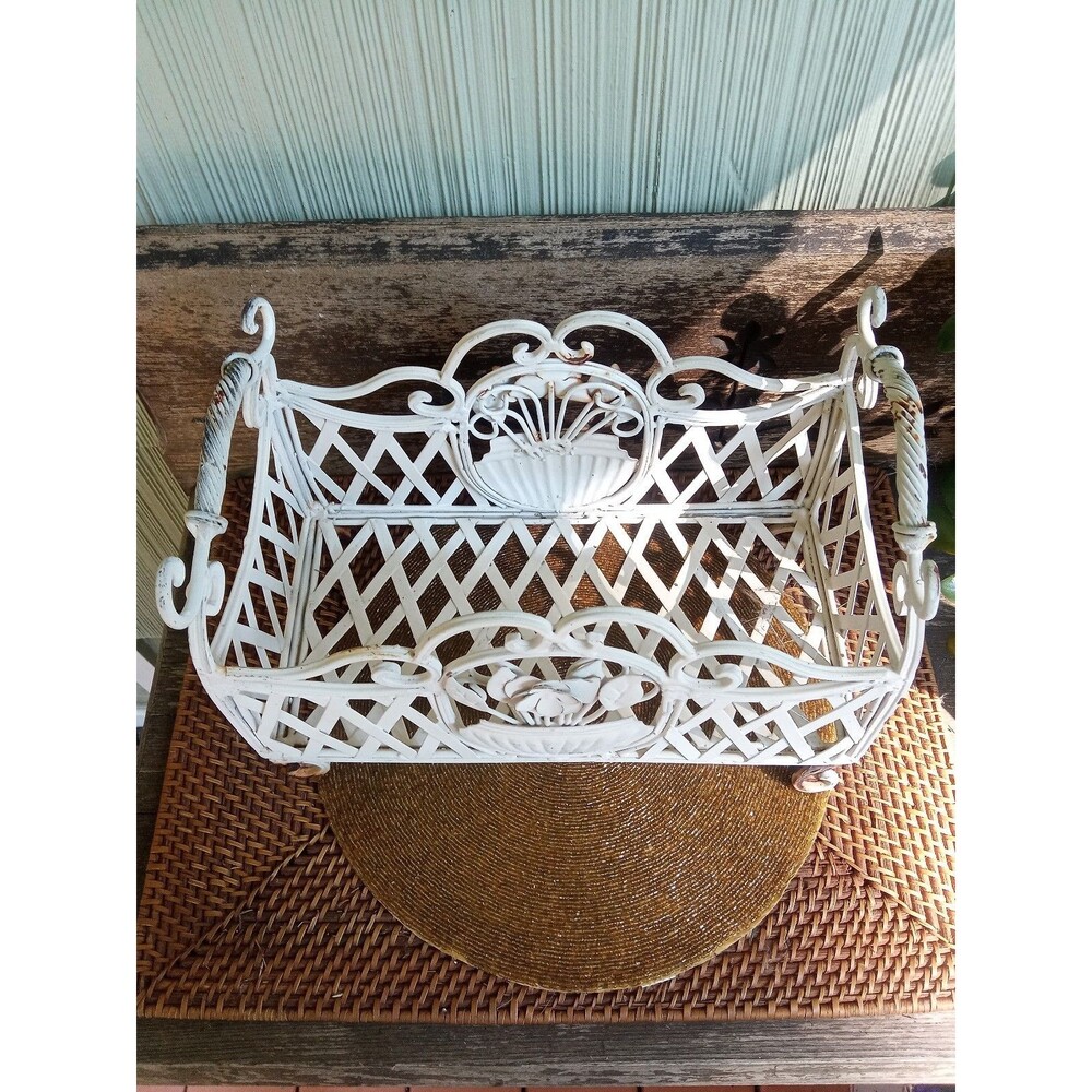 Wrought Iron Planter, Ornate Scrollwork, 1920's Antique, White 24x7, two 6" pots - Picture 3 of 15